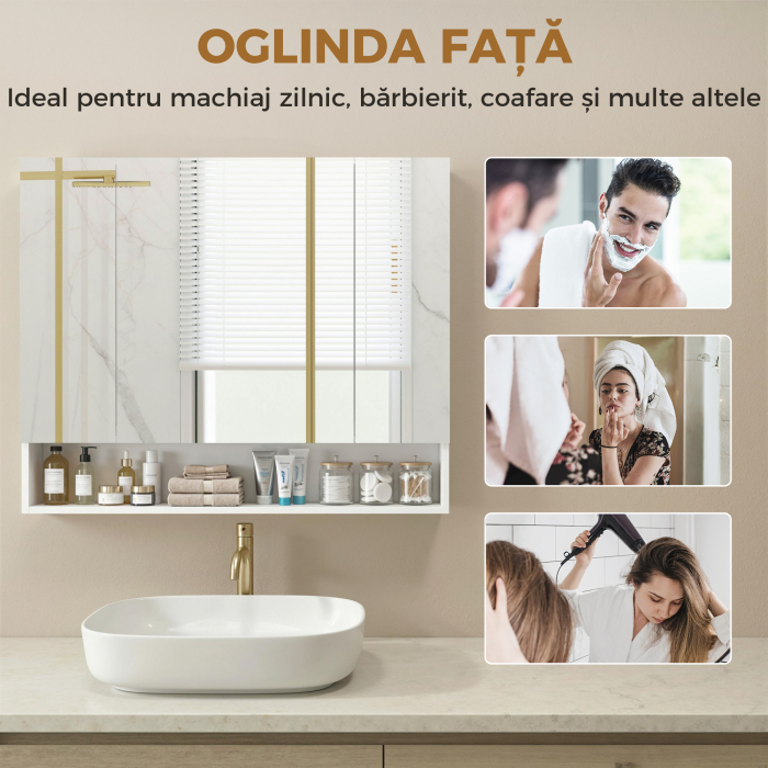 , Dulap cu Oglinda, 3 Usi Soft Close si Rafturi Reglabile, MDF, sticla, 90 cm x 15 cm x 75 cm, Alb [7]