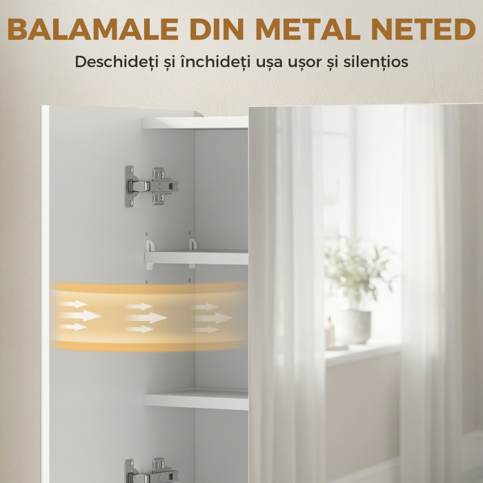 , Dulap cu Oglinda, 3 Usi Soft Close si Rafturi Reglabile, MDF, sticla, 90 cm x 15 cm x 75 cm, Alb [5]