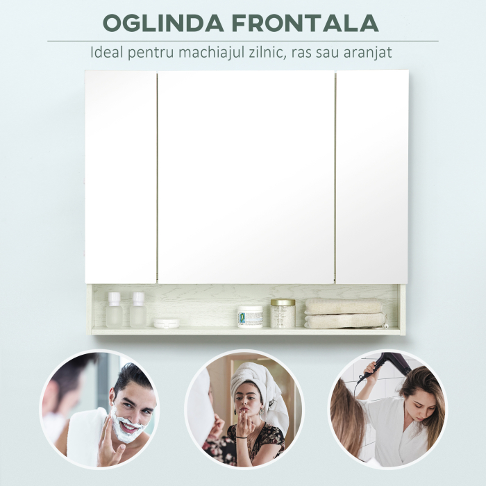  Dulap cu oglinda cu raft reglabil, MDF Sticla 90x15x75cm, Alb [7]