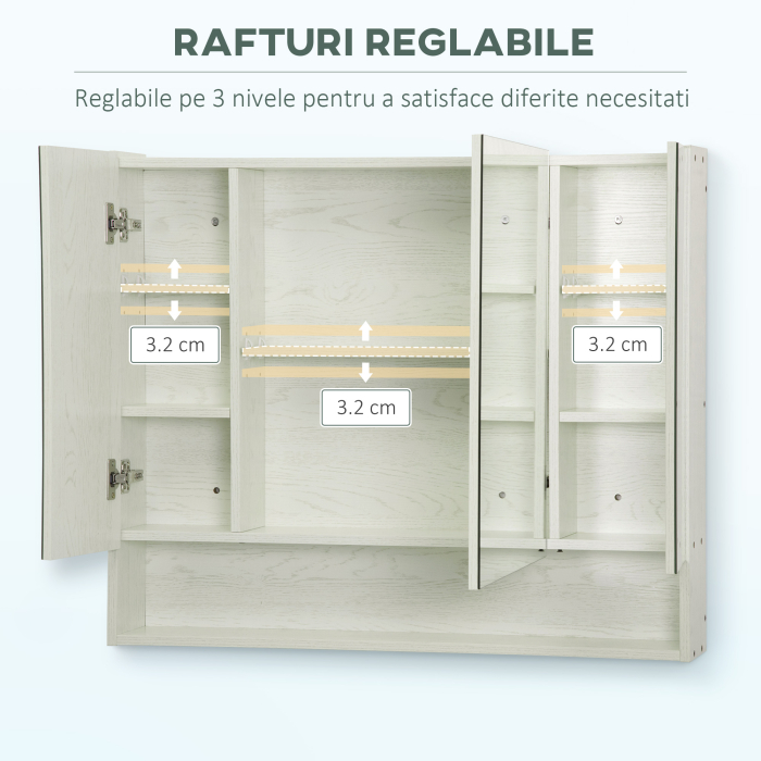  Dulap cu oglinda cu raft reglabil, MDF Sticla 90x15x75cm, Alb [6]
