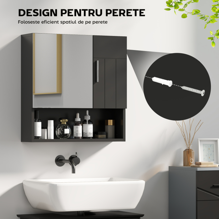  Dulap cu Oglinda pentru Baie 2 Usi si Raft Deschis 54x15.2x55.3 cm Negru [4]