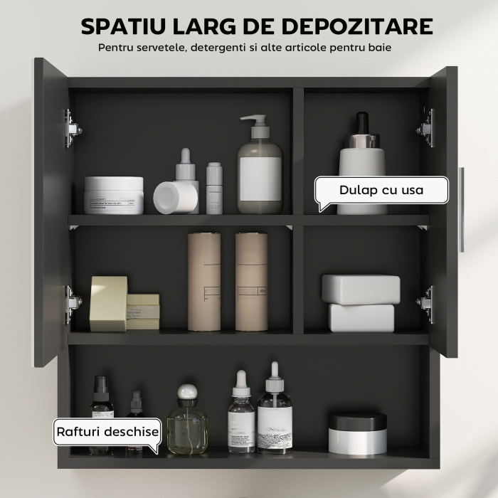  Dulap cu Oglinda pentru Baie 2 Usi si Raft Deschis 54x15.2x55.3 cm Negru [5]