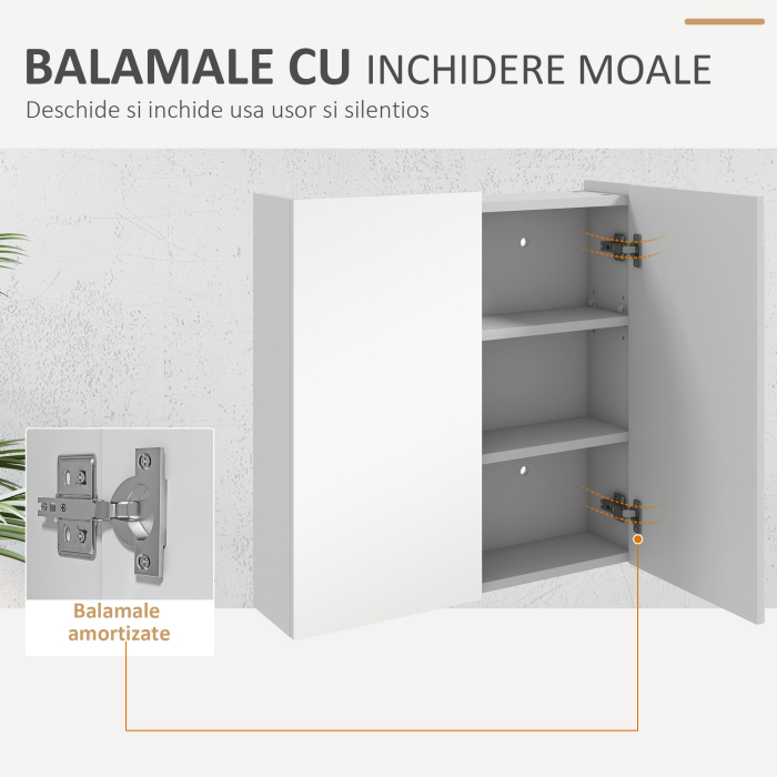  Dulap cu Oglinda pentru Baie cu 2 Usi Soft Close, 60x15x60 cm, Rafturi Reglabile, Dulap Suspendat Spatiu Economic, Alb Lucios [7]