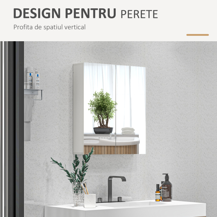  Dulap cu Oglinda pentru Baie cu 2 Usi Soft Close, 60x15x60 cm, Rafturi Reglabile, Dulap Suspendat Spatiu Economic, Alb Lucios [8]