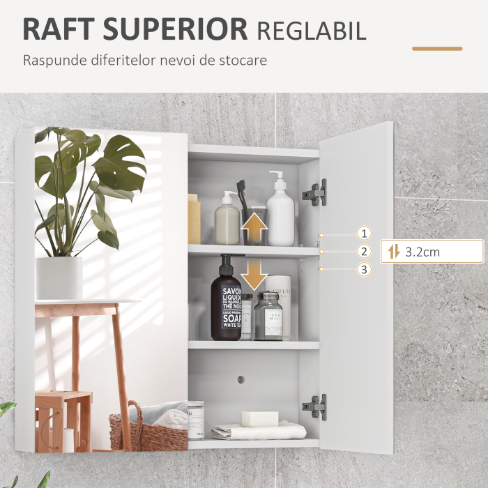  Dulap cu Oglinda pentru Baie cu 2 Usi Soft Close, 60x15x60 cm, Rafturi Reglabile, Dulap Suspendat Spatiu Economic, Alb Lucios [5]