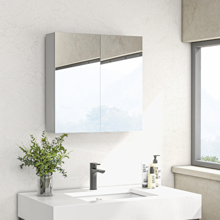  Dulap cu Oglinda pentru Baie cu 2 Usi Soft Close, 60x15x60 cm, Rafturi Reglabile, Dulap Suspendat Spatiu Economic, Alb Lucios [2]
