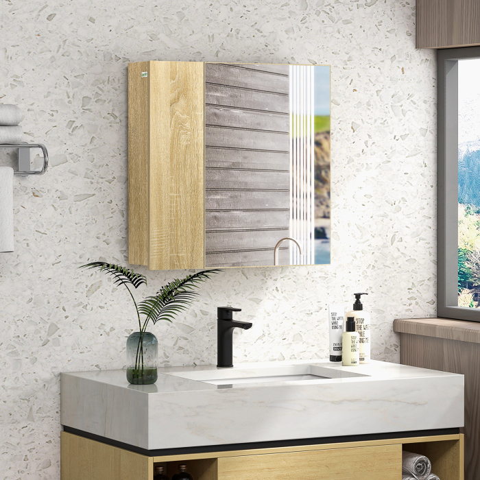  Dulap cu oglinda pentru baie cu montaj pe perete, dulap pentru baie cu oglinda, usi duble si rafturi de depozitare, natural [2]