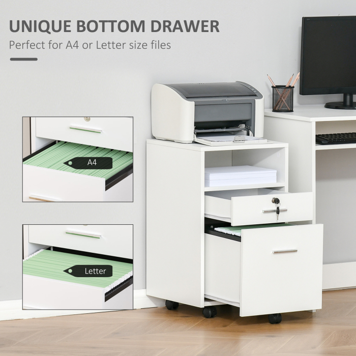  Dulap cu Sertare Blocabile, 2 Chei Incluse, cu 5 roti cu rotatie la 360°, cu 2 Chei, Alb [6]