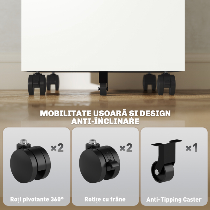  Dulap cu Sertare pentru Birou cu 5 Roti, 3 Sertare cu incuietoare si Chei, 30x43.5x60 cm, Alb [7]
