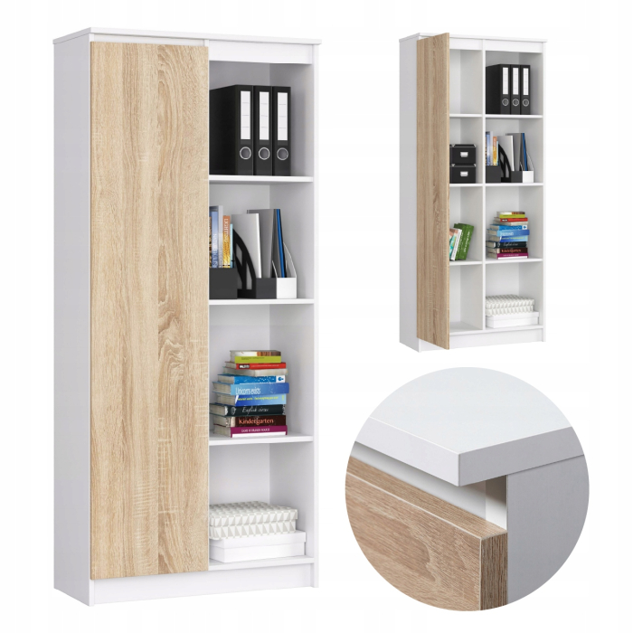 Dulap cu usa si 8 etajere, PAL laminat 16 mm, 80x35x180 cm, alb si stejar sonoma [3]