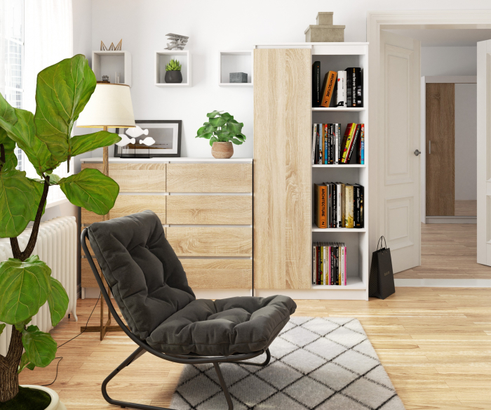 Dulap cu usa si 8 etajere, PAL laminat 16 mm, 80x35x180 cm, alb si stejar sonoma [2]