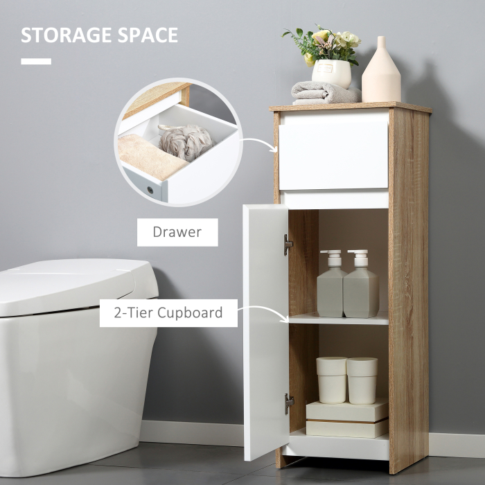  Dulap de Baie, Comoda cu 2 Niveluri si 1 Sertar din MDF, 32.6x30x90 cm, Lemn natural+Alb [5]