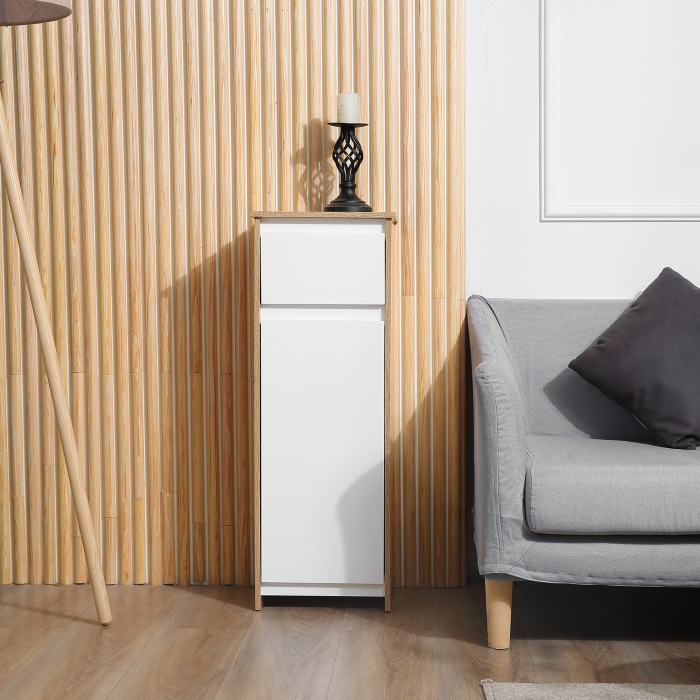 Dulap de Baie, Comoda cu 2 Niveluri si 1 Sertar din MDF, 32.6x30x90 cm, Lemn natural+Alb [7]
