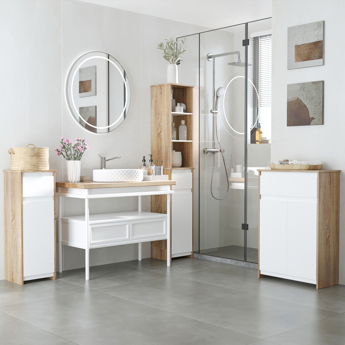  Dulap de Baie, Comoda cu 2 Niveluri si 1 Sertar din MDF, 32.6x30x90 cm, Lemn natural+Alb [2]