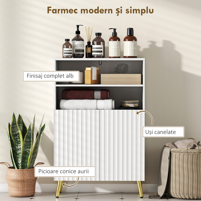  Dulap de Baie cu 2 Rafturi Deschise si Dulap, Dulap Compact cu Usi Amortizate, Raft Reglabil, pentru Bucatarie Living, 60x31.8x93 cm, Alb [4]