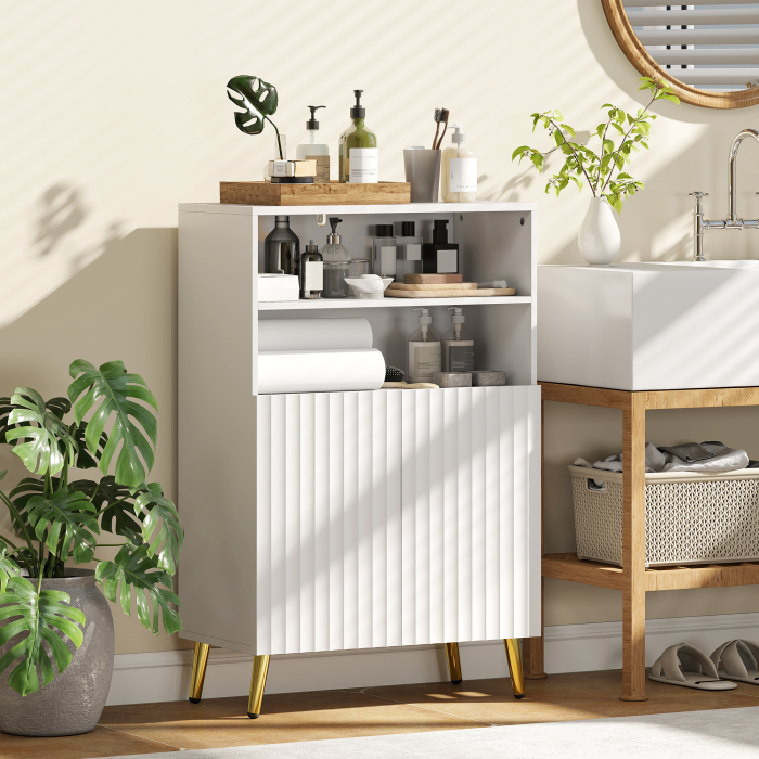  Dulap de Baie cu 2 Rafturi Deschise si Dulap, Dulap Compact cu Usi Amortizate, Raft Reglabil, pentru Bucatarie Living, 60x31.8x93 cm, Alb [2]