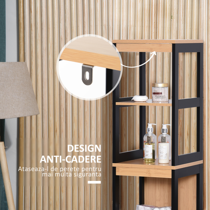  Dulap de baie cu 2 sertare si 3 compartimente deschise, mobilier baie din lemn MDF si bambus 30x30x144,3 cm, culoare lemnului [6]