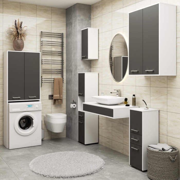 Dulap de baie cu 2 usi si 4 rafturi, pentru spatiul de deasupra masinii de spalat, 64x30x180 cm, alb si grafit [6]