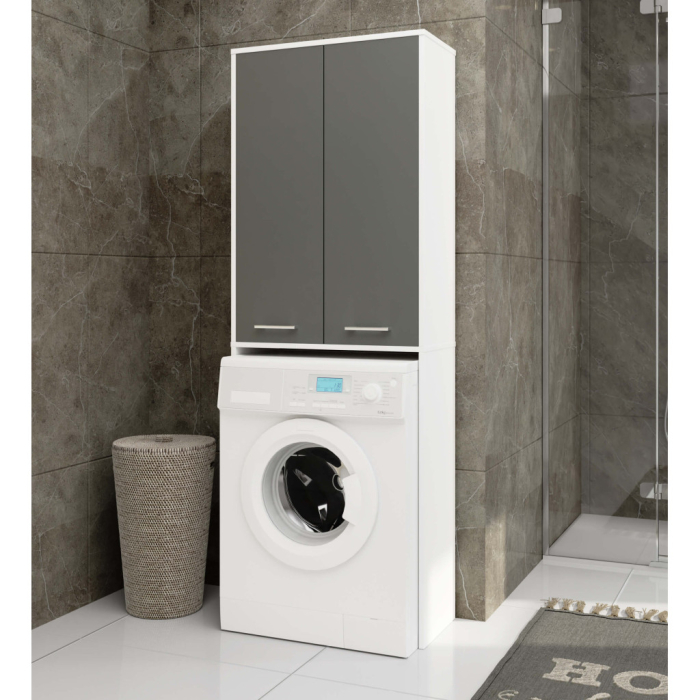 Dulap de baie cu 2 usi si 4 rafturi, pentru spatiul de deasupra masinii de spalat, 64x30x180 cm, alb si grafit [5]