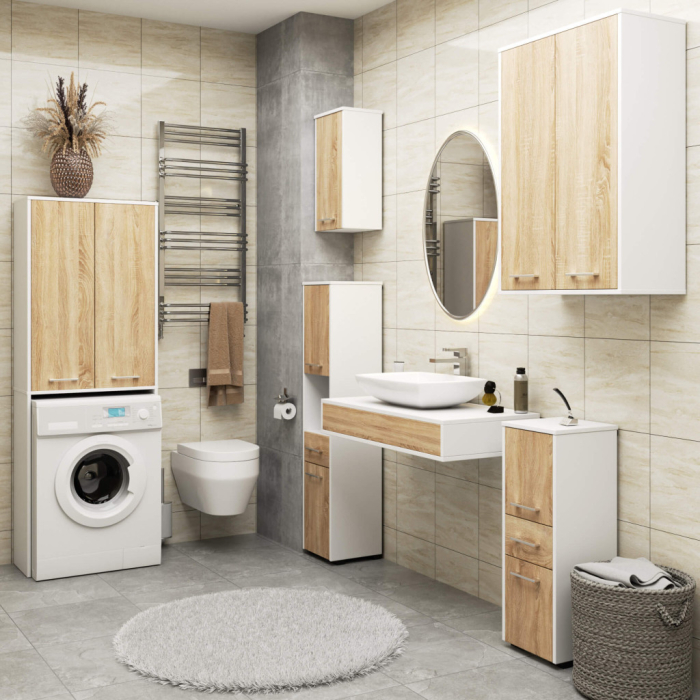 Dulap de baie cu 2 usi si 4 rafturi, pentru spatiul de deasupra masinii de spalat, 64x30x180 cm, alb si stejar sonoma [6]