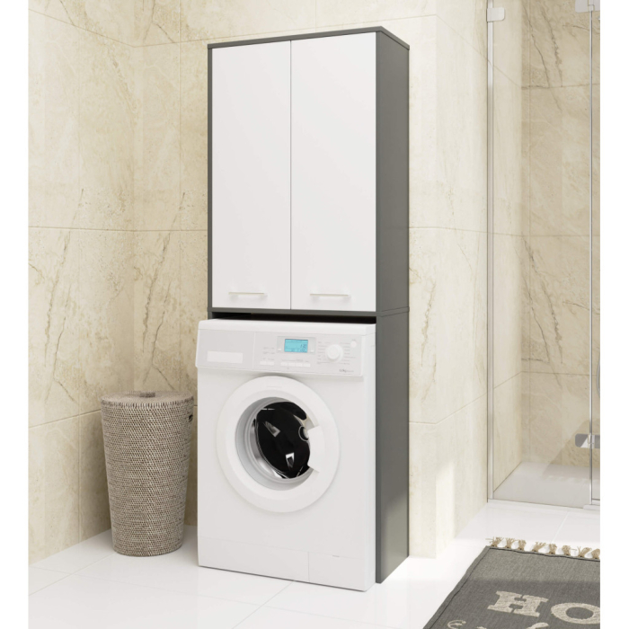 Dulap de baie cu 2 usi si 4 rafturi, pentru spatiul de deasupra masinii de spalat, 64x30x180 cm, gri grafit si alb [4]