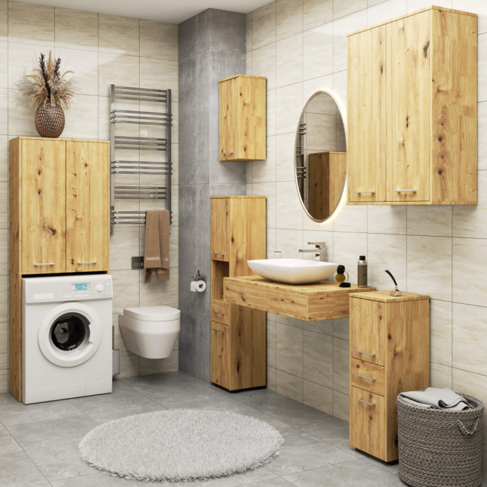 Dulap de baie cu 2 usi si 4 rafturi, pentru spatiul de deasupra masinii de spalat, 64x30x180 cm, stejar artisan [6]