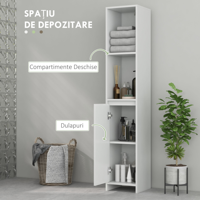  Dulap de Baie cu Dulapior si 2 Compartimente Deschise, Mobilier Baie cu Spatiu de Depozitare, 30x30x160 cm, Alb [4]
