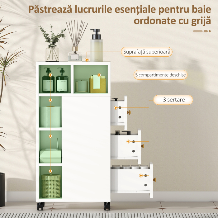  Dulap de baie cu economisire de spatiu, pe roti, 3 sertare si 5 rafturi reglabile, 20x40x80 cm, alb [4]
