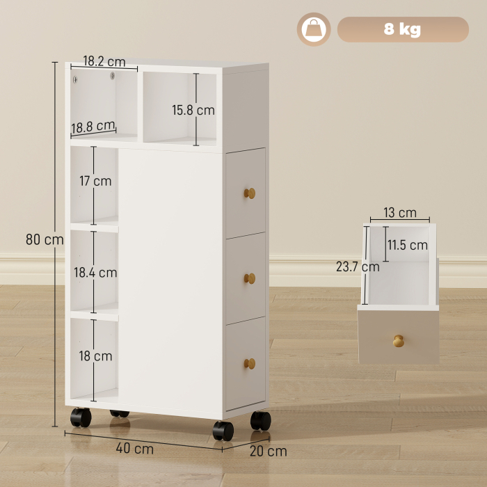  Dulap de baie cu economisire de spatiu, pe roti, 3 sertare si 5 rafturi reglabile, 20x40x80 cm, alb [3]