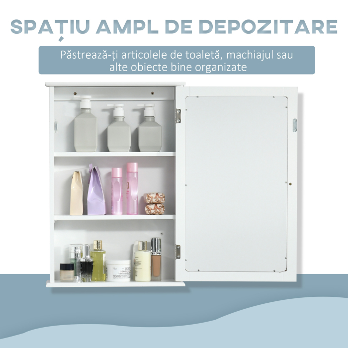  Dulap de Baie cu Oglinda - Dulap cu Oglinda - Dulap pentru WC - 1 Usa, 2 Rafturi - MDF Alb si Sticla [4]