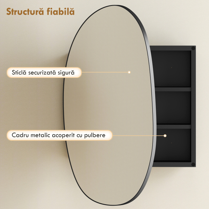 Dulap de Baie cu Oglinda si 3 Rafturi Interioare, Aluminiu si Metal, 61x12x79 cm, Negru [8]