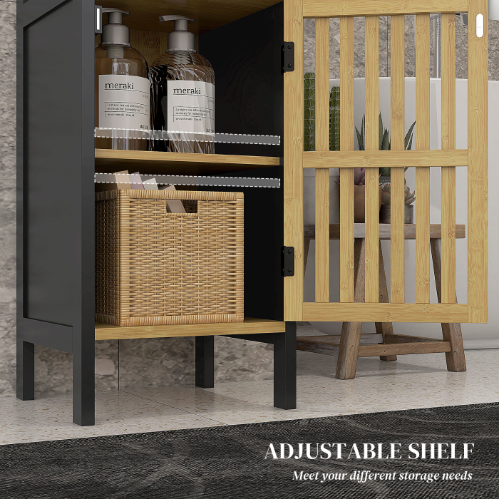  Dulap de Baie cu Raft Deschis si Dulapior, din MDF si Bambus, 32x30x90,5 cm, Negru si culoare Lemn [6]