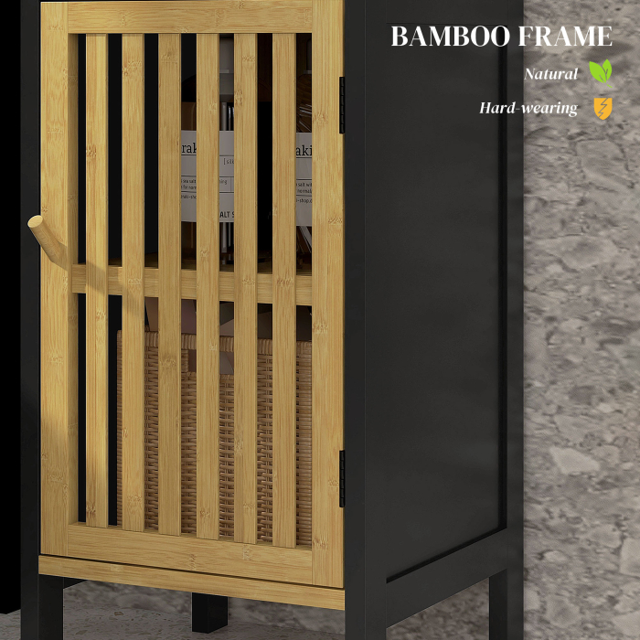  Dulap de Baie cu Raft Deschis si Dulapior, din MDF si Bambus, 32x30x90,5 cm, Negru si culoare Lemn [5]