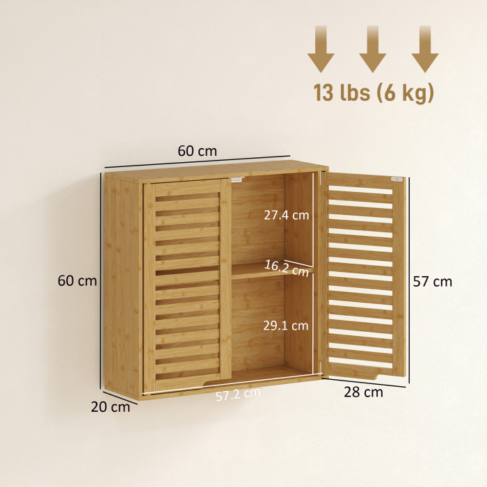  Dulap de Baie cu Raft Intern Reglabil si Usi Tip Lama, din Bambus, 60x20x60 cm, Culoare Lemn [3]