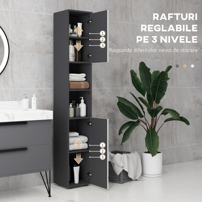  Dulap de Baie inalt 183 cm, Dulap ingust cu Rafturi Deschise si 2 Usi pentru Depozitare Baie [5]