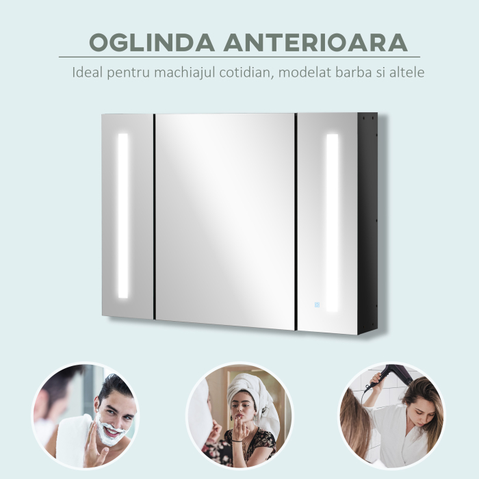 Dulap de Baie LED cu Oglinda , Dulap Suspendat cu 3 Usi, Rafturi Reglabile, Functie Memorie & incarcare USB [7]