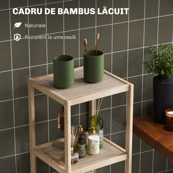  Dulap de Baie Modern cu 4 Rafturi Anti-Rasturnare, Dulap de Baie din Bambus si Lemn, 33x31x110 cm, Lemn Natural [5]