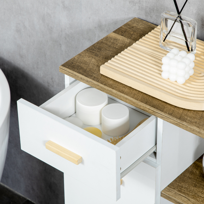  Dulap de baie modern cu dulap, sertar si rafturi din lemn, dulap multifunctional cu baza inaltata, 50x30x89cm, alb [8]