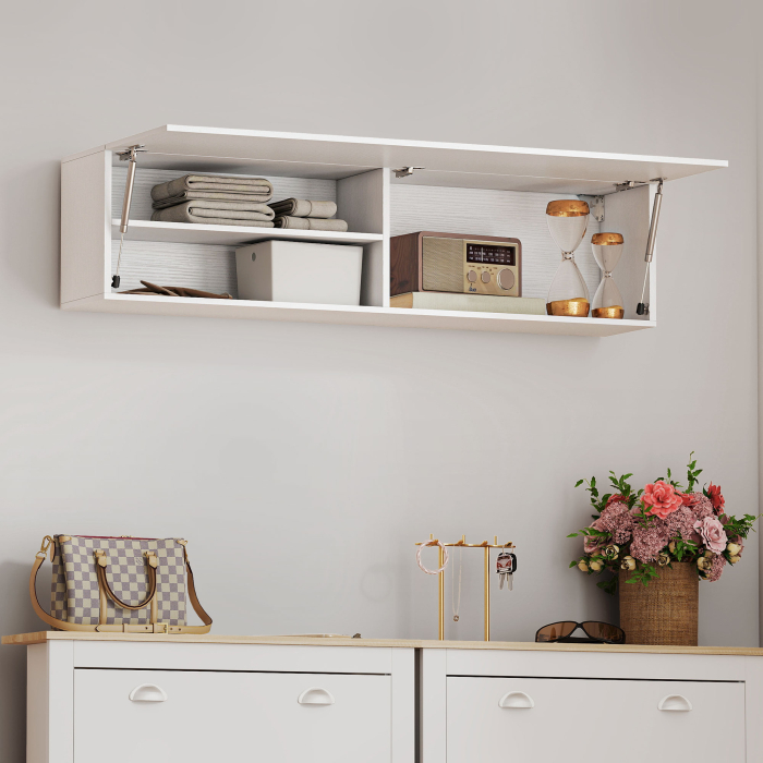  Dulap de Baie Montat pe Perete, Dulap Suspendat Modern cu Usa Soft Close, 2 Compartimente si Raft Reglabil, Economisire Spatiu, 120x23x30 cm, Alb [9]