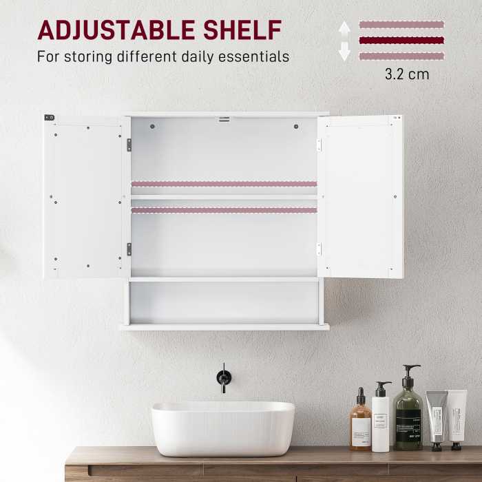  Dulap de Baie Suspendat cu 2 Usi cu Oglinda si Raft Deschis, 56x13x58 cm, Alb [4]