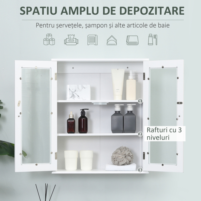  Dulap de Baie Suspendat cu 2 Usi din Lemn si Sticla, Dulap de Perete Multifunctional, 55x20x65 cm, Alb [4]