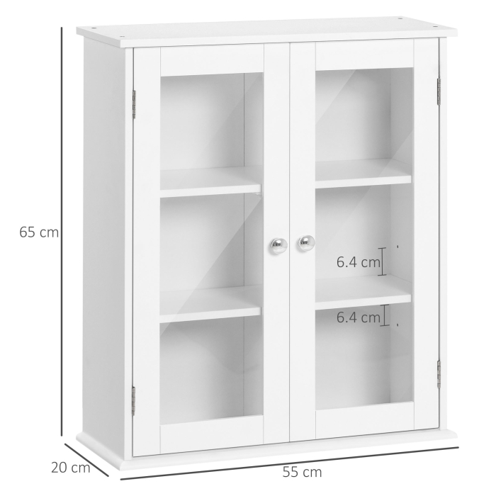  Dulap de Baie Suspendat cu 2 Usi din Lemn si Sticla, Dulap de Perete Multifunctional, 55x20x65 cm, Alb [3]