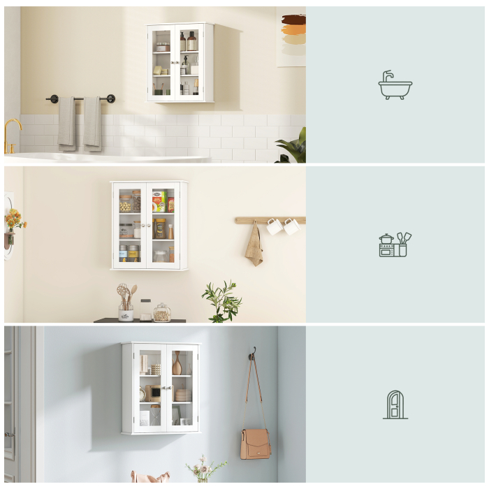  Dulap de Baie Suspendat cu 2 Usi din Lemn si Sticla, Dulap de Perete Multifunctional, 55x20x65 cm, Alb [8]