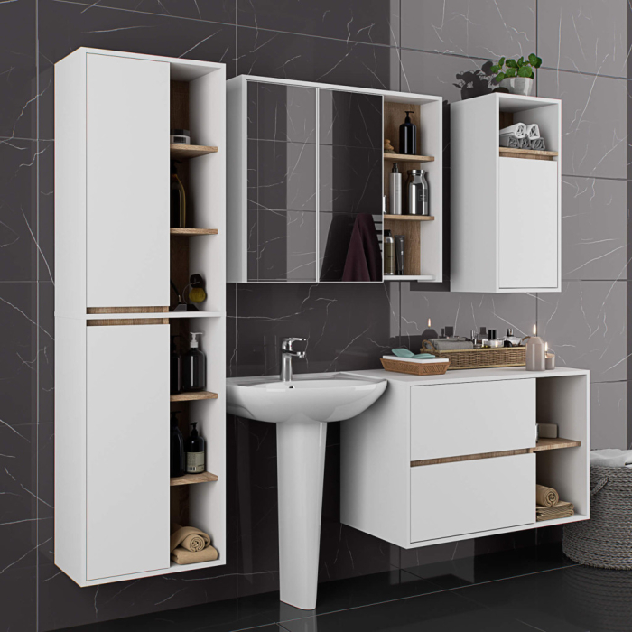 Dulap baie suspendat 2 usi si 6 rafturi, PAL laminat 16 mm, margini ABS, fronturi mate, 50x30x170 cm, alb stejar [5]