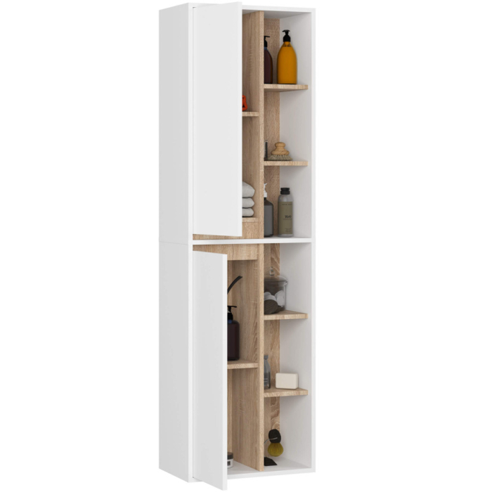 Dulap baie suspendat 2 usi si 6 rafturi, PAL laminat 16 mm, margini ABS, fronturi mate, 50x30x170 cm, alb stejar [2]