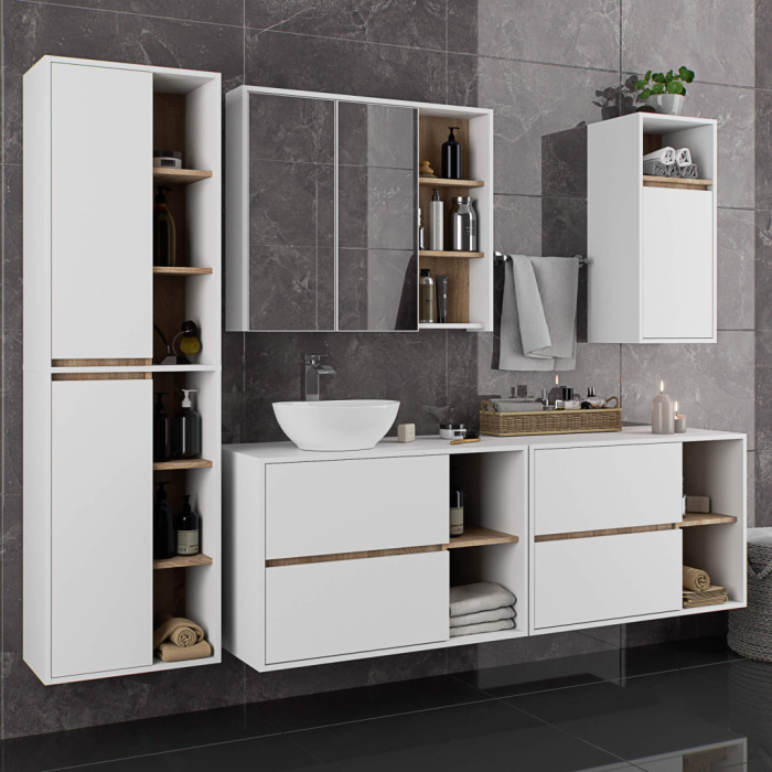 Dulap baie suspendat 2 usi si 6 rafturi, PAL laminat 16 mm, margini ABS, fronturi mate, 50x30x170 cm, alb stejar [4]