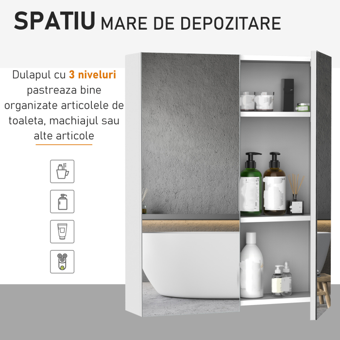  Dulap de Baie Suspendat cu Doua Usi Frontale, Oglinda si 2 Rafturi Interioare din MDF, 60x15x75 cm, Alb [4]