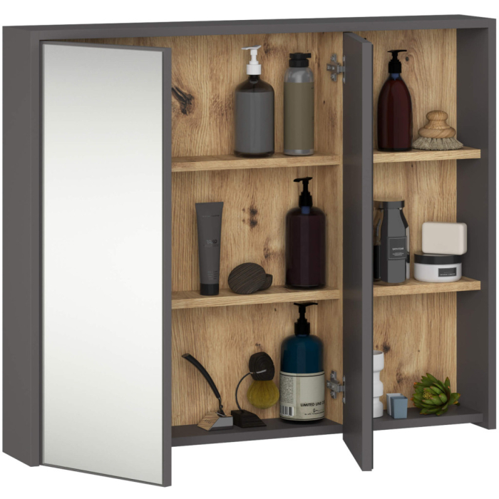 Dulap de baie suspendat cu oglinda, 2 usi si 3 rafturi interioare, PAL 16 mm, 90x15x75 cm, gri si stejar artisan [2]