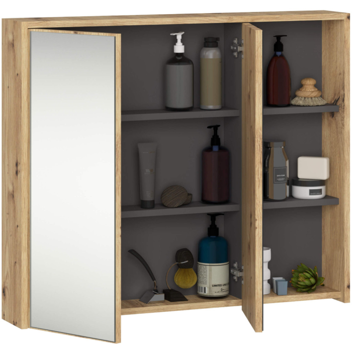 Dulap de baie suspendat cu oglinda, 2 usi si 3 rafturi interioare, PAL 16 mm, 90x15x75 cm, stejar artisan si gri [2]