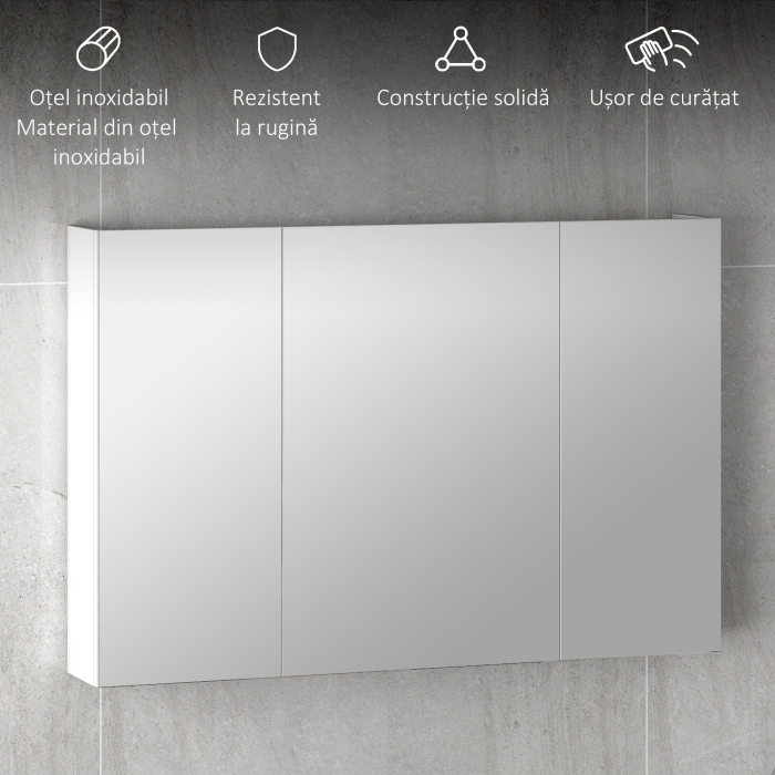  Dulap de Baie Suspendat cu Oglinda cu 3 Usi, Alb [7]
